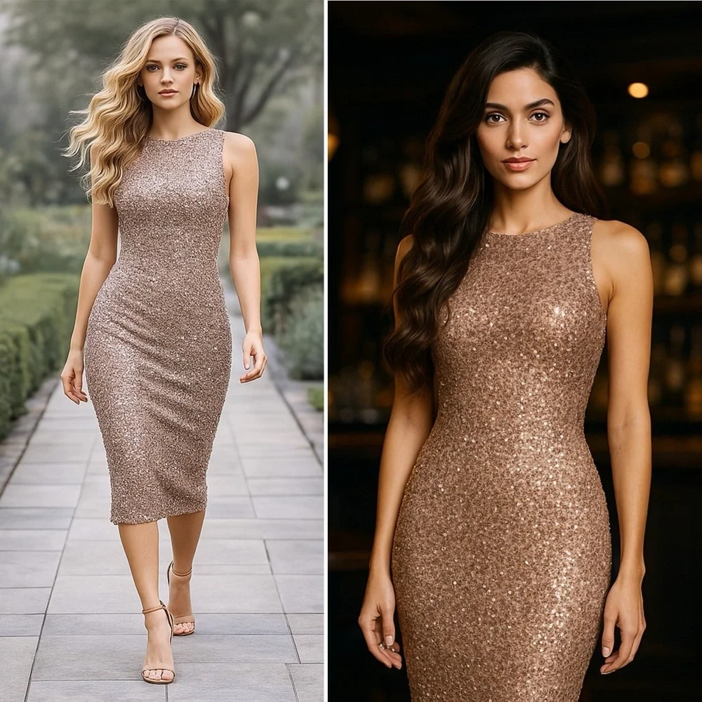 Mac Duggal 5526 Rosewood Rose Gold Sequin Jewel Neck Tea Length Dress NWT 12 - Picture 14 of 15